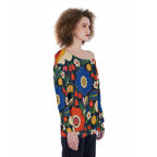 ByZaynCo 70s Flower Power Off Shoulder Sweatshirt, Colorful Navy Floral Women's Statement Top - image 12