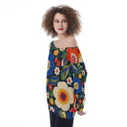 ByZaynCo 70s Flower Power Off Shoulder Sweatshirt, Colorful Navy Floral Women's Statement Top - image 13