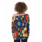 ByZaynCo 70s Flower Power Off Shoulder Sweatshirt, Colorful Navy Floral Women's Statement Top - image 14