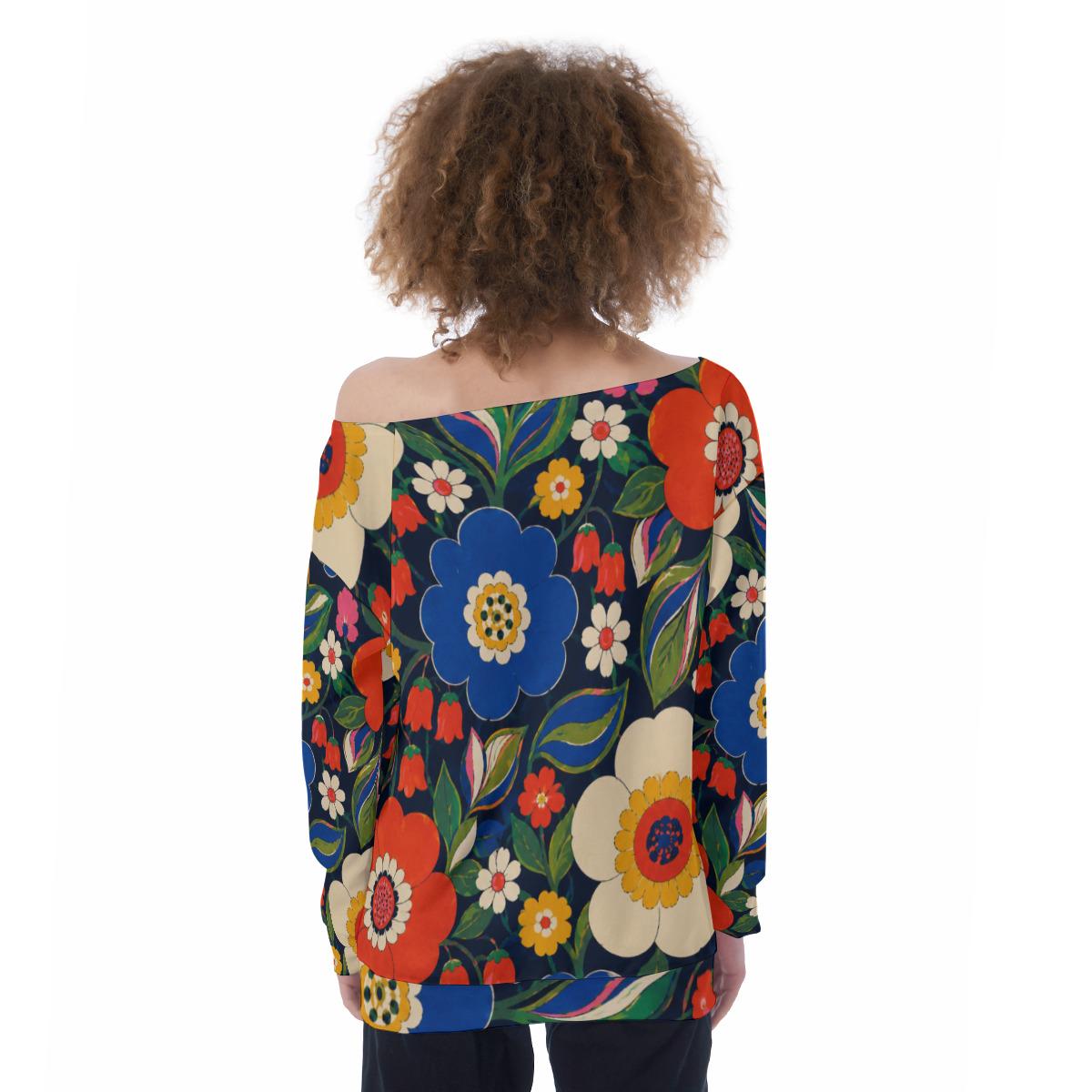 ByZaynCo 70s Flower Power Off Shoulder Sweatshirt, Colorful Navy Floral Women's Statement Top - image 14