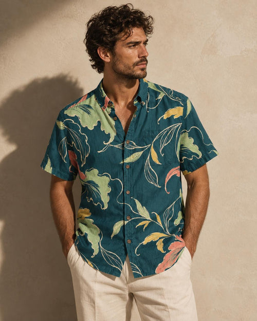 ByZaynCo Art Nouveau teal botanical short sleeve slub cotton shirt — front view