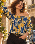 ByZaynCo Blue Yellow Botanical Off Shoulder Sweatshirt, Bold Mediterranean Flower Women's Top - image 1