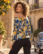 ByZaynCo Blue Yellow Botanical Off Shoulder Sweatshirt, Bold Mediterranean Flower Women's Top - image 2