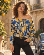 ByZaynCo Blue Yellow Botanical Off Shoulder Sweatshirt, Bold Mediterranean Flower Women's Top - image 4