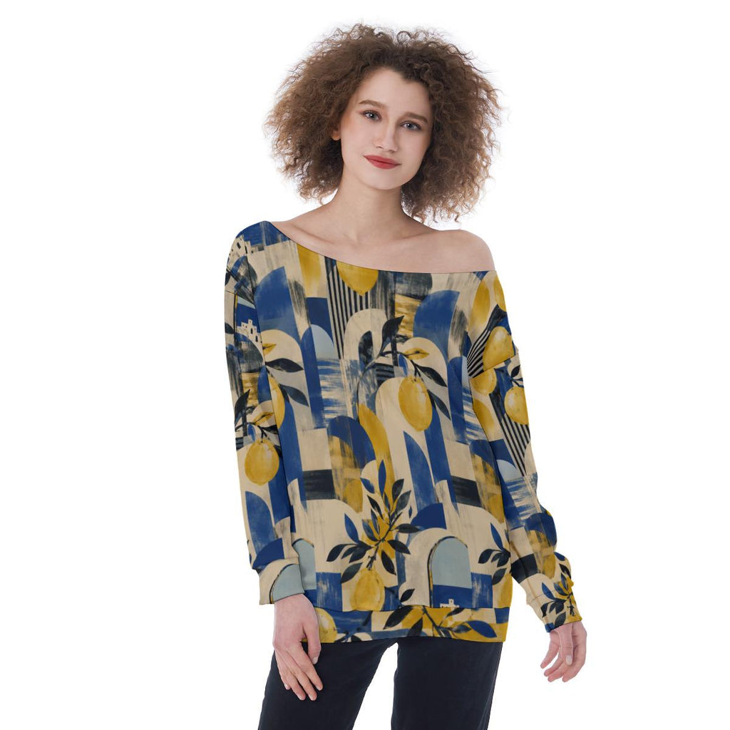 ByZaynCo Blue Yellow Botanical Off Shoulder Sweatshirt, Bold Mediterranean Flower Women's Top - image 6