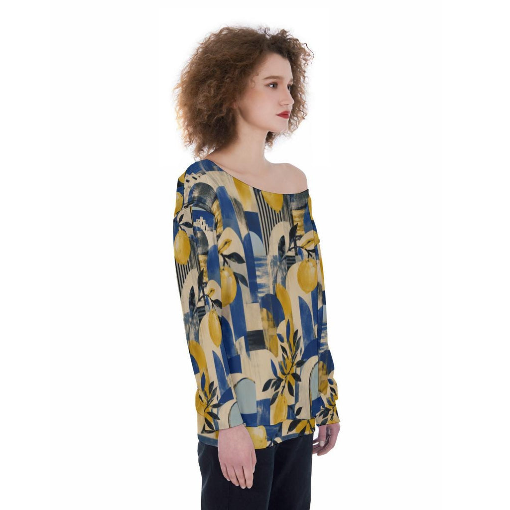 ByZaynCo Blue Yellow Botanical Off Shoulder Sweatshirt, Bold Mediterranean Flower Women's Top - image 7
