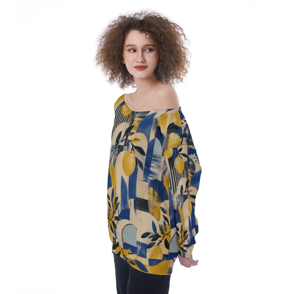 ByZaynCo Blue Yellow Botanical Off Shoulder Sweatshirt, Bold Mediterranean Flower Women's Top - image 8