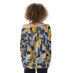 ByZaynCo Blue Yellow Botanical Off Shoulder Sweatshirt, Bold Mediterranean Flower Women's Top - image 9