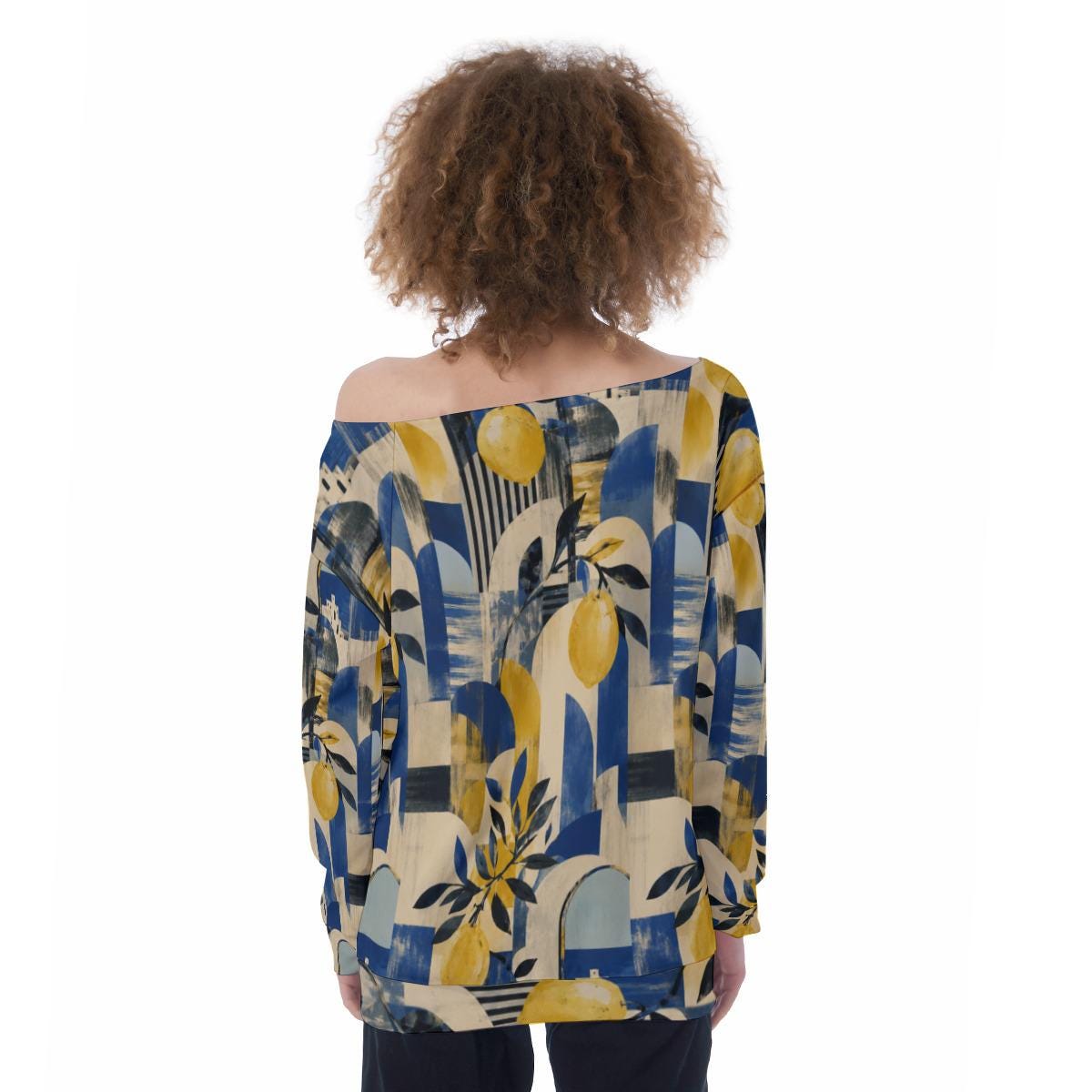 ByZaynCo Blue Yellow Botanical Off Shoulder Sweatshirt, Bold Mediterranean Flower Women's Top - image 9
