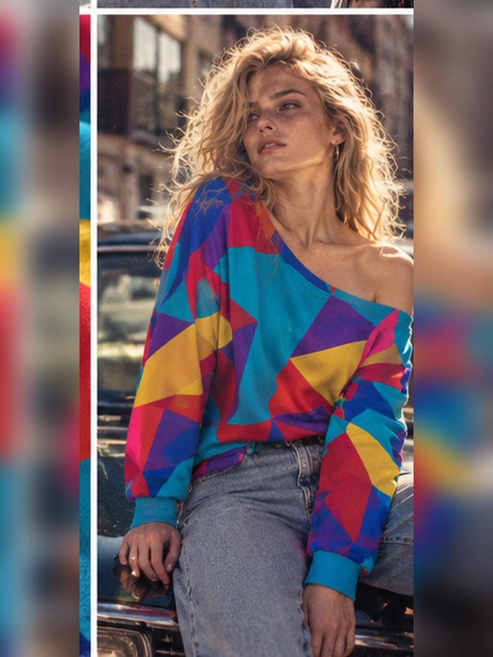 ByZaynCo Colorful Geometric Off Shoulder Sweatshirt, Bright Abstract Retro Women's Slouchy Top - image 1