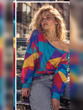 ByZaynCo Colorful Geometric Off Shoulder Sweatshirt, Bright Abstract Retro Women's Slouchy Top - image 1