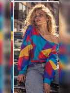 ByZaynCo Colorful Geometric Off Shoulder Sweatshirt, Bright Abstract Retro Women's Slouchy Top - image 1