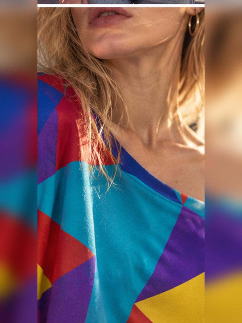 ByZaynCo Colorful Geometric Off Shoulder Sweatshirt, Bright Abstract Retro Women's Slouchy Top - image 3