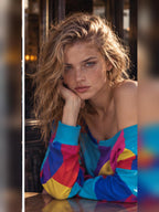 ByZaynCo Colorful Geometric Off Shoulder Sweatshirt, Bright Abstract Retro Women's Slouchy Top - image 4