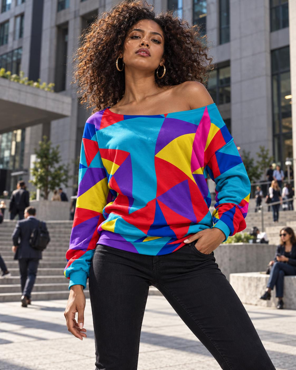 ByZaynCo Colorful Geometric Off Shoulder Sweatshirt, Bright Abstract Retro Women's Slouchy Top - image 6