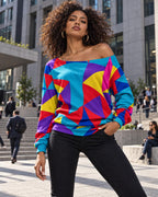 ByZaynCo Colorful Geometric Off Shoulder Sweatshirt, Bright Abstract Retro Women's Slouchy Top - image 6