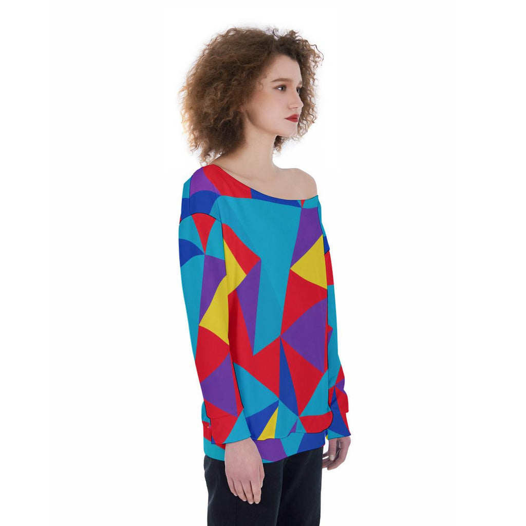ByZaynCo Colorful Geometric Off Shoulder Sweatshirt, Bright Abstract Retro Women's Slouchy Top - image 10