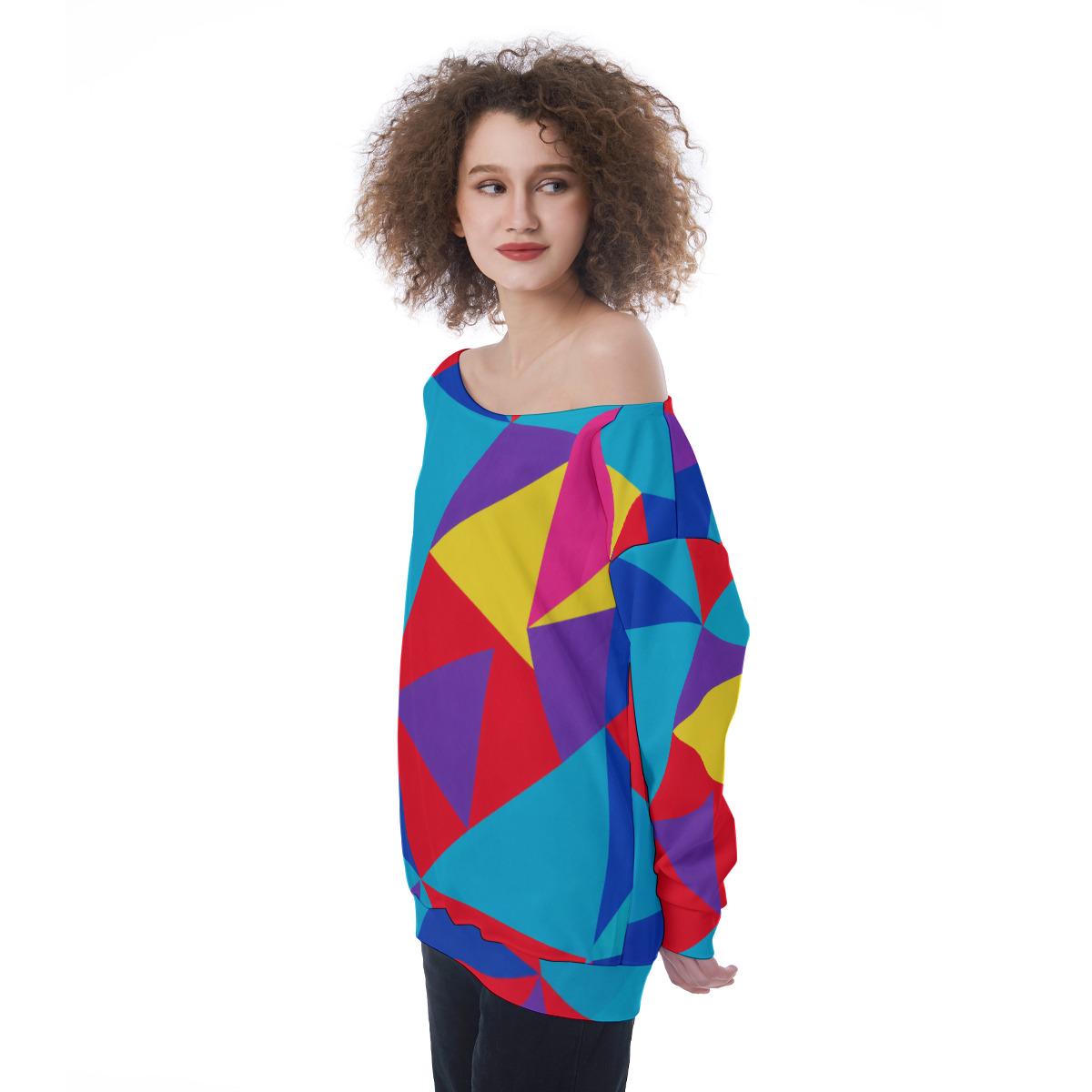 ByZaynCo Colorful Geometric Off Shoulder Sweatshirt, Bright Abstract Retro Women's Slouchy Top - image 11