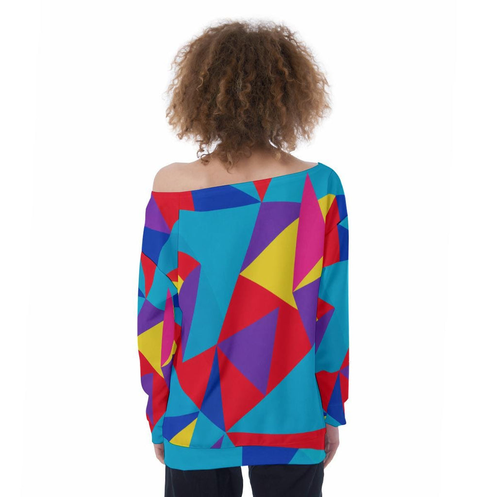 ByZaynCo Colorful Geometric Off Shoulder Sweatshirt, Bright Abstract Retro Women's Slouchy Top - image 12