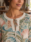 Art Nouveau Blouse, Pastel Botanical Scroll Tie Neck Long Sleeve Top - editorial photo 1
