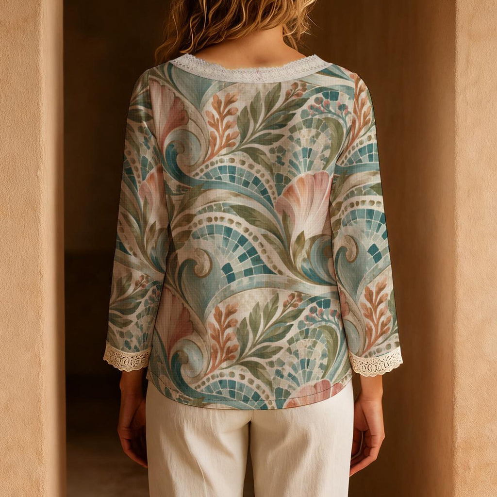 Art Nouveau Blouse, Pastel Botanical Scroll Tie Neck Long Sleeve Top - editorial photo 2