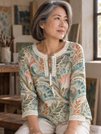 Art Nouveau Blouse, Pastel Botanical Scroll Tie Neck Long Sleeve Top - editorial photo 4