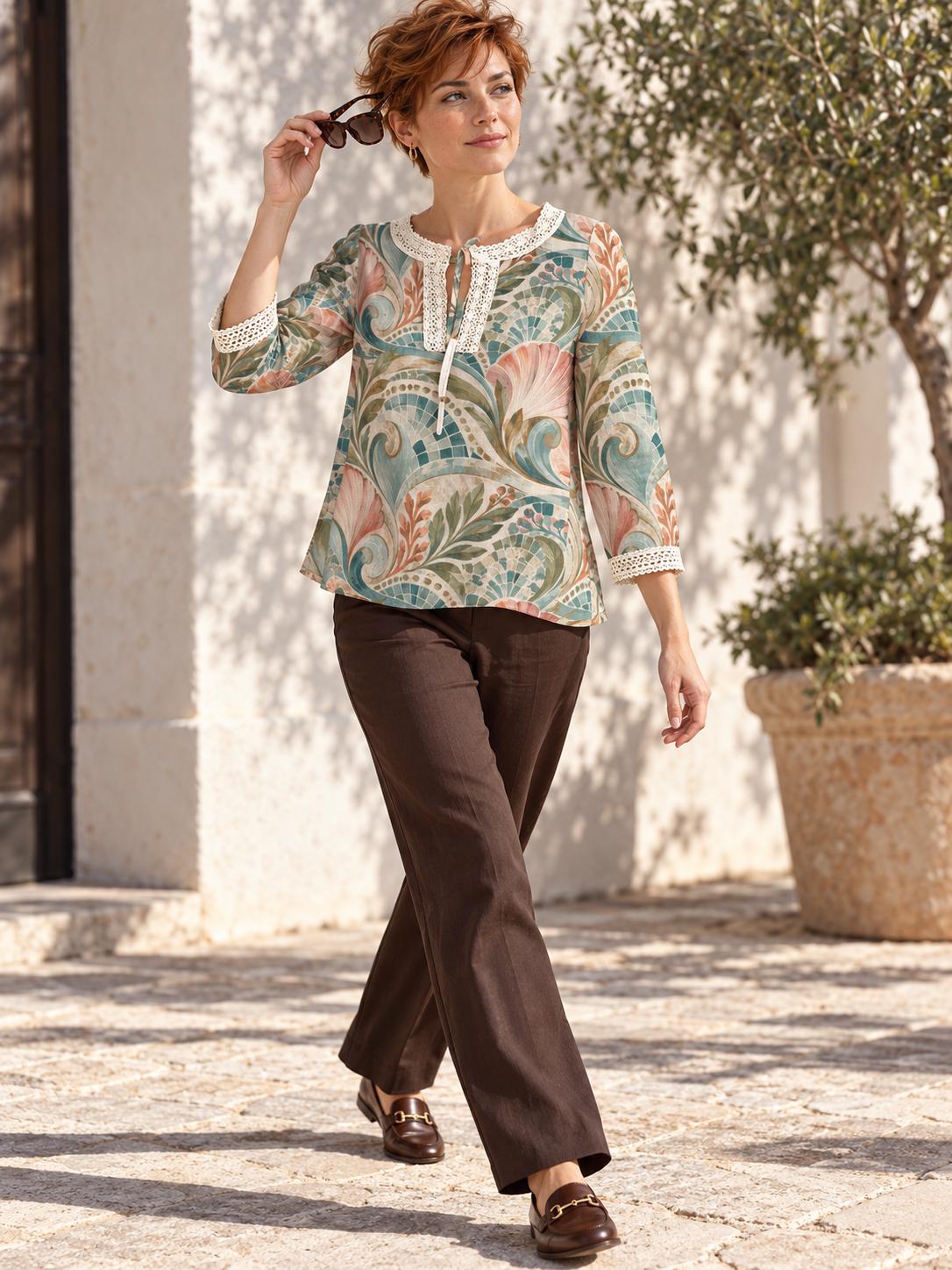 Art Nouveau Blouse, Pastel Botanical Scroll Tie Neck Long Sleeve Top - editorial photo 6