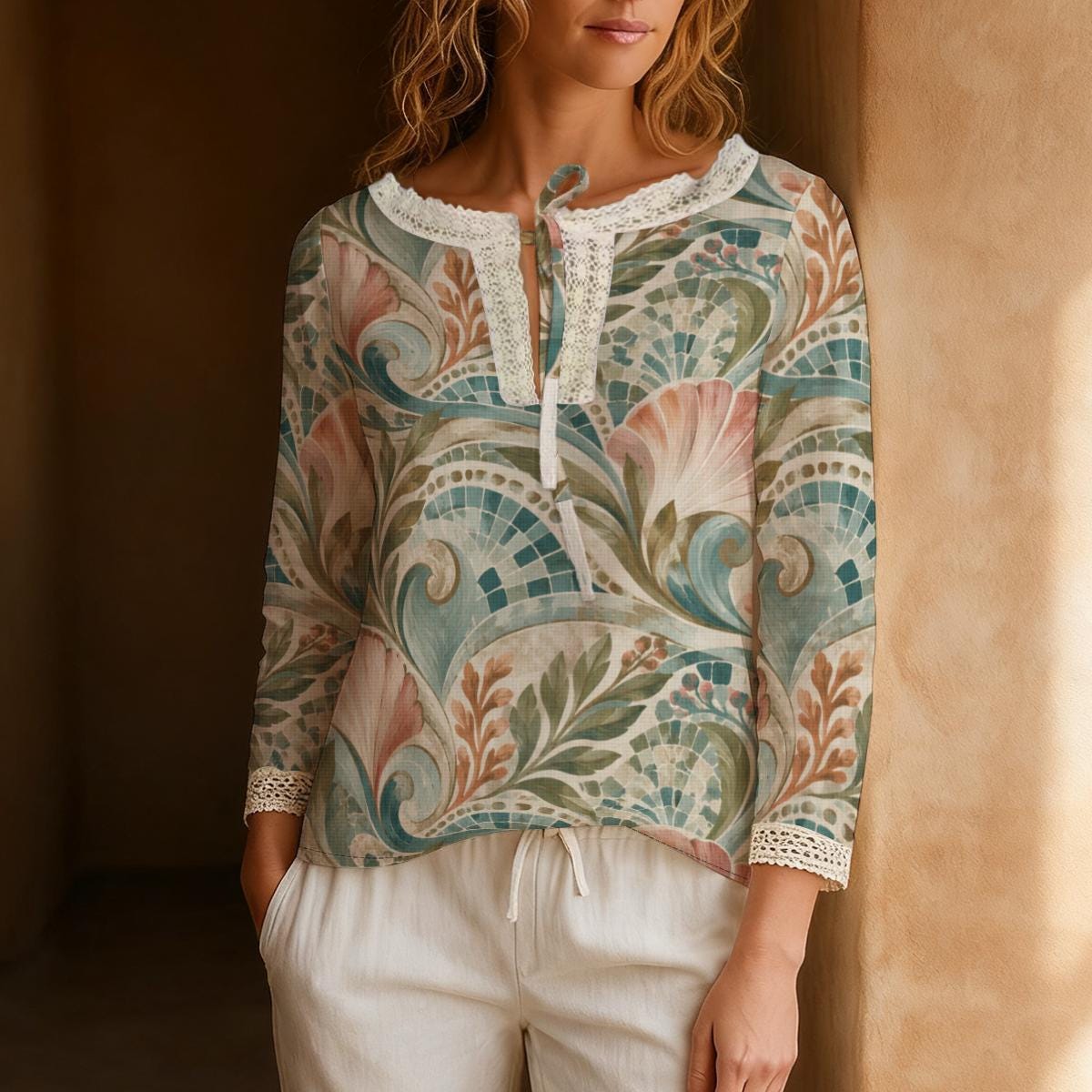 Art Nouveau Blouse, Pastel Botanical Scroll Tie Neck Long Sleeve Top - editorial photo 7