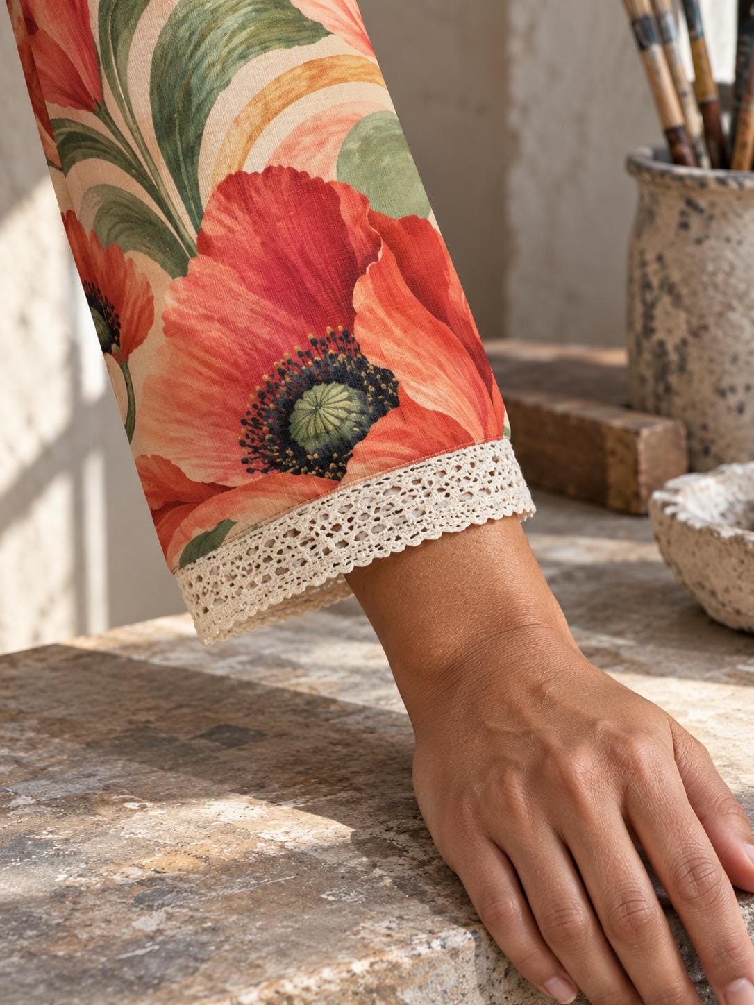 Terracotta Floral Blouse, Poppy Print Vintage Inspired Long Sleeve Top – ByZaynCo product photo 4