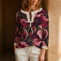 Dark Floral Blouse, Burgundy Pink Botanical Tie Neck Long Sleeve Top | front view