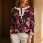 Dark Floral Blouse, Burgundy Pink Botanical Tie Neck Long Sleeve Top | front view