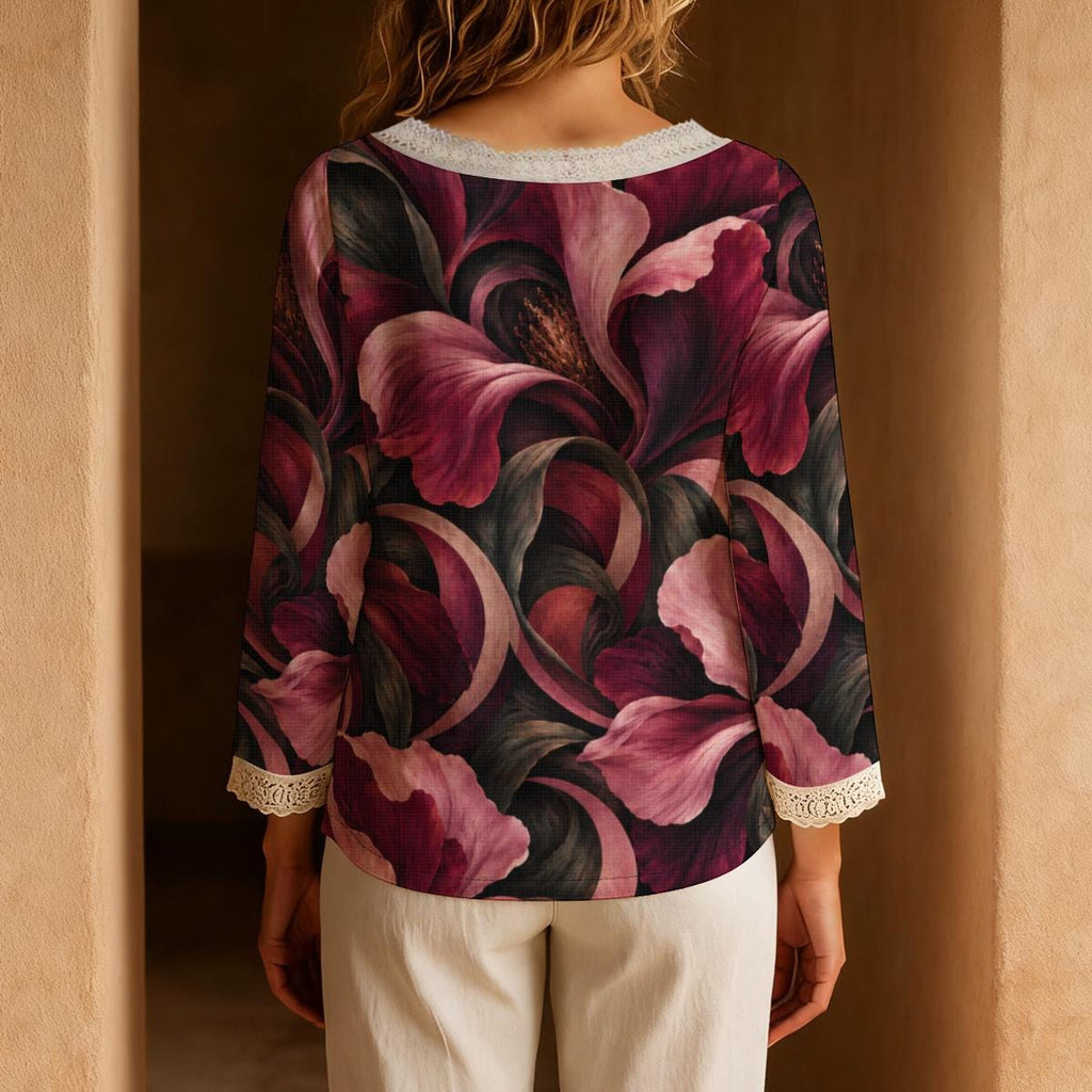 Dark Floral Blouse, Burgundy Pink Botanical Tie Neck Long Sleeve Top | product detail