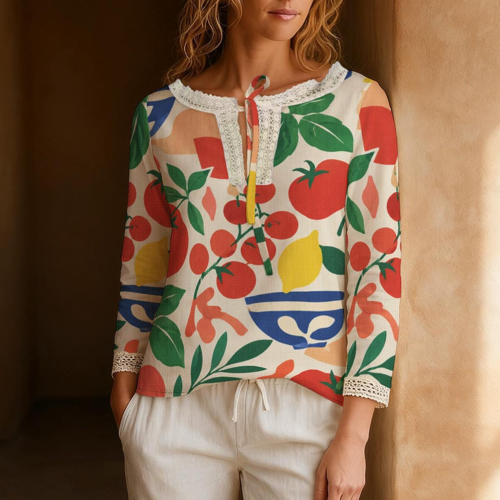 Mediterranean Fruit Blouse, Tomato and Lemon Print Long Sleeve Top | front view