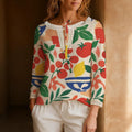 Mediterranean Fruit Blouse, Tomato and Lemon Print Long Sleeve Top | front view