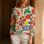 Mediterranean Fruit Blouse, Tomato and Lemon Print Long Sleeve Top | front view