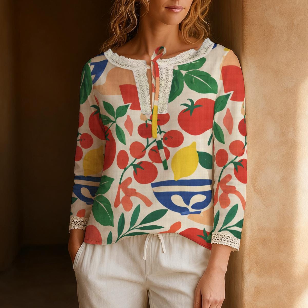 Mediterranean Fruit Blouse, Tomato and Lemon Print Long Sleeve Top | front view