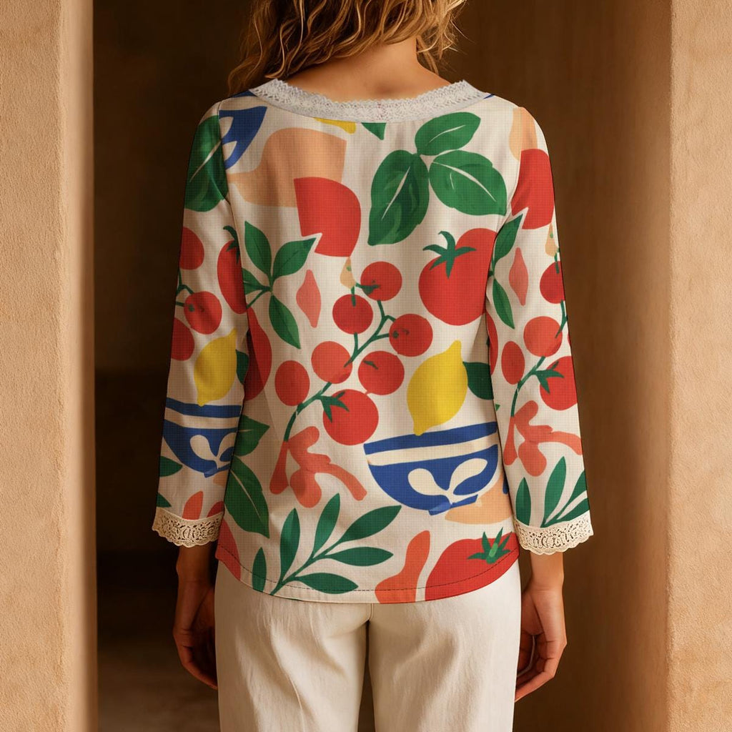 Mediterranean Fruit Blouse, Tomato and Lemon Print Long Sleeve Top | product detail