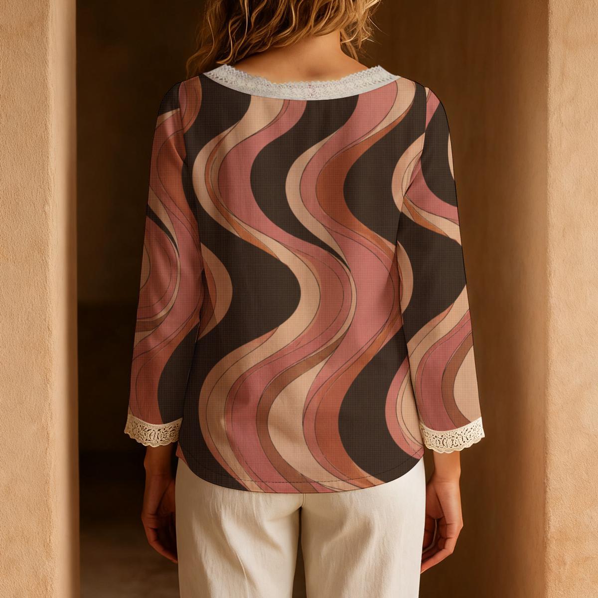 Brown Abstract Blouse, Retro Mauve Wave Tie Neck Long Sleeve Top – ByZaynCo product photo 2