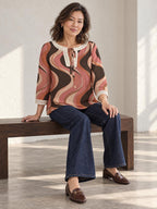Brown Abstract Blouse, Retro Mauve Wave Tie Neck Long Sleeve Top – ByZaynCo product photo 4