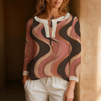 Brown Abstract Blouse, Retro Mauve Wave Tie Neck Long Sleeve Top – ByZaynCo product photo 5
