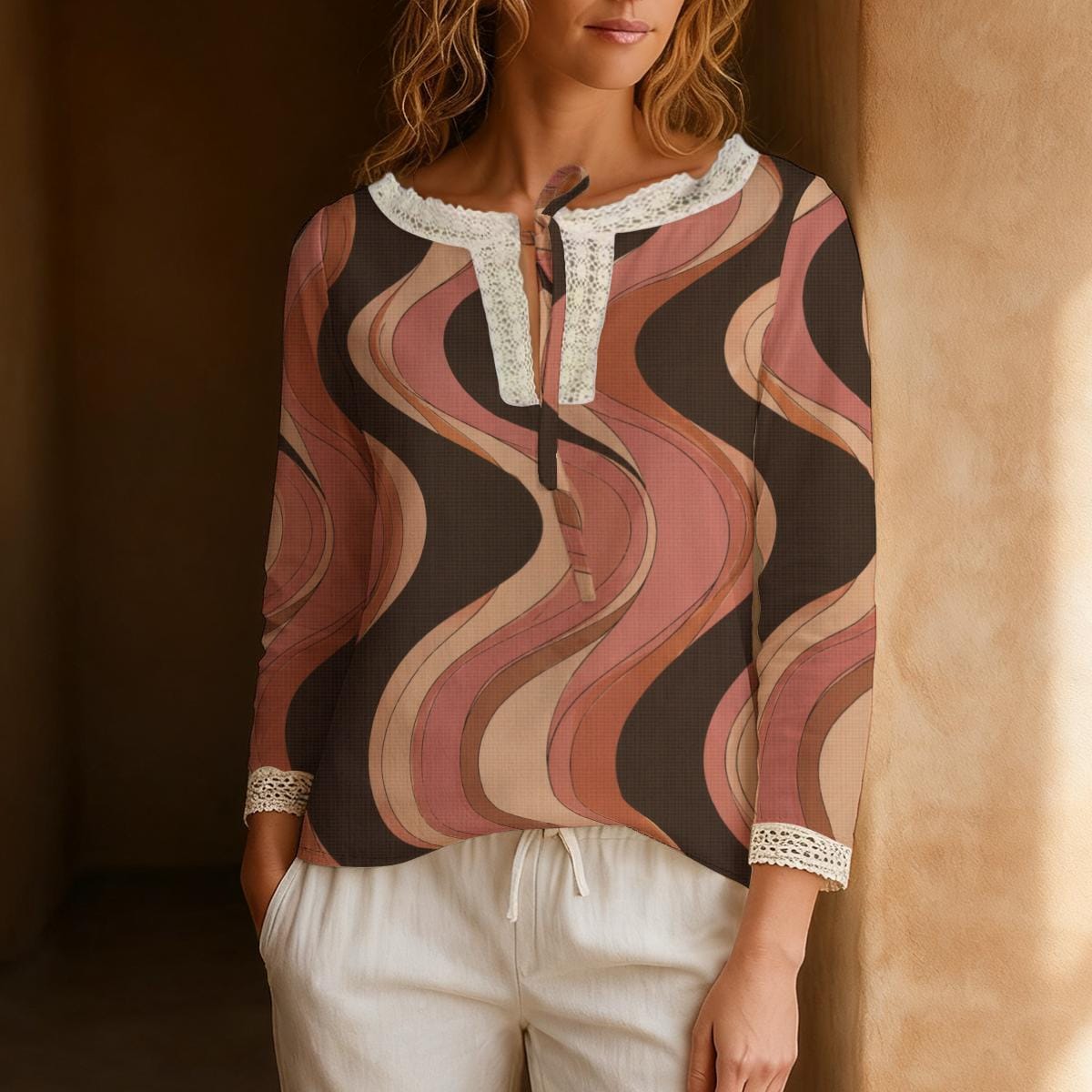 Brown Abstract Blouse, Retro Mauve Wave Tie Neck Long Sleeve Top – ByZaynCo product photo 5
