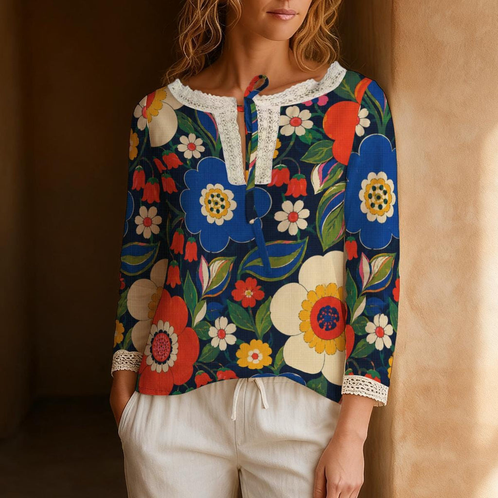 70s Floral Blouse, Bold Navy Flower Power Tie Neck Long Sleeve Top | front view