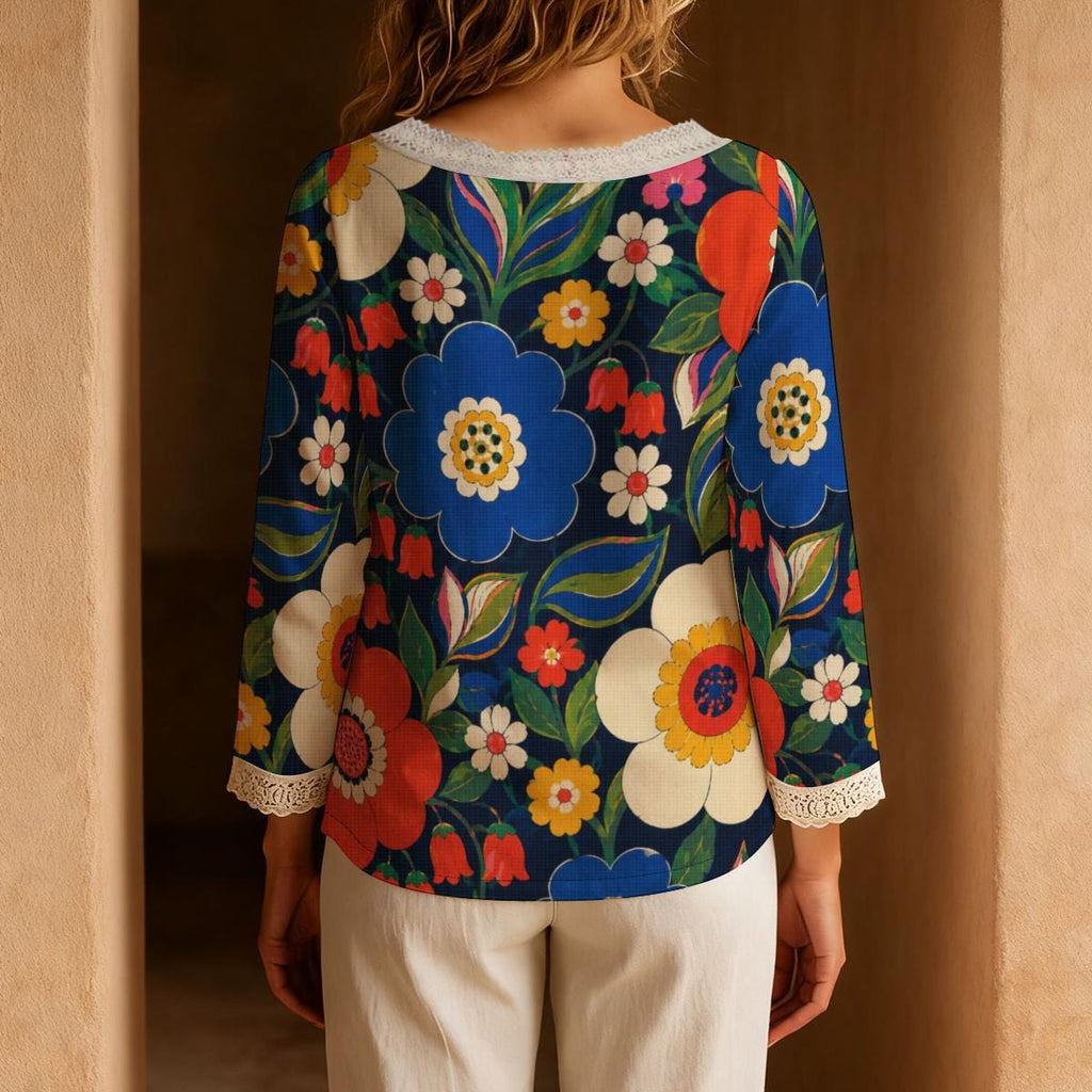 70s Floral Blouse, Bold Navy Flower Power Tie Neck Long Sleeve Top | product detail