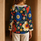 70s Floral Blouse, Bold Navy Flower Power Tie Neck Long Sleeve Top | product detail