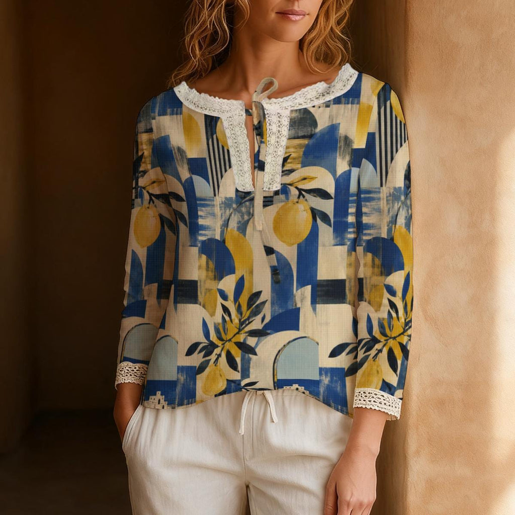 Blue and Yellow Botanical Blouse, Abstract Floral Tie Neck Long Sleeve Top | front view