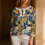 Blue and Yellow Botanical Blouse, Abstract Floral Tie Neck Long Sleeve Top | front view