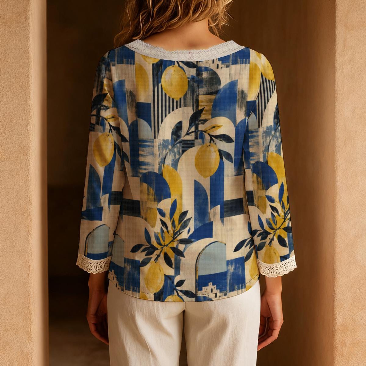 Blue and Yellow Botanical Blouse, Abstract Floral Tie Neck Long Sleeve Top | product detail