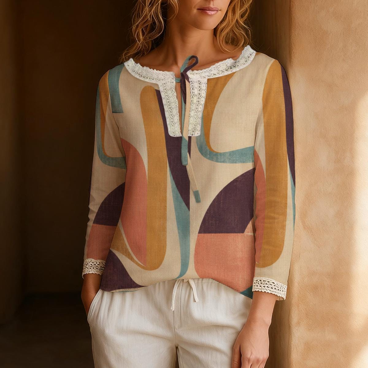 Geometric Print Blouse, Earth Tone Mod Tie Neck Long Sleeve Top | front view