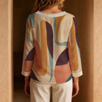 Geometric Print Blouse, Earth Tone Mod Tie Neck Long Sleeve Top | product detail