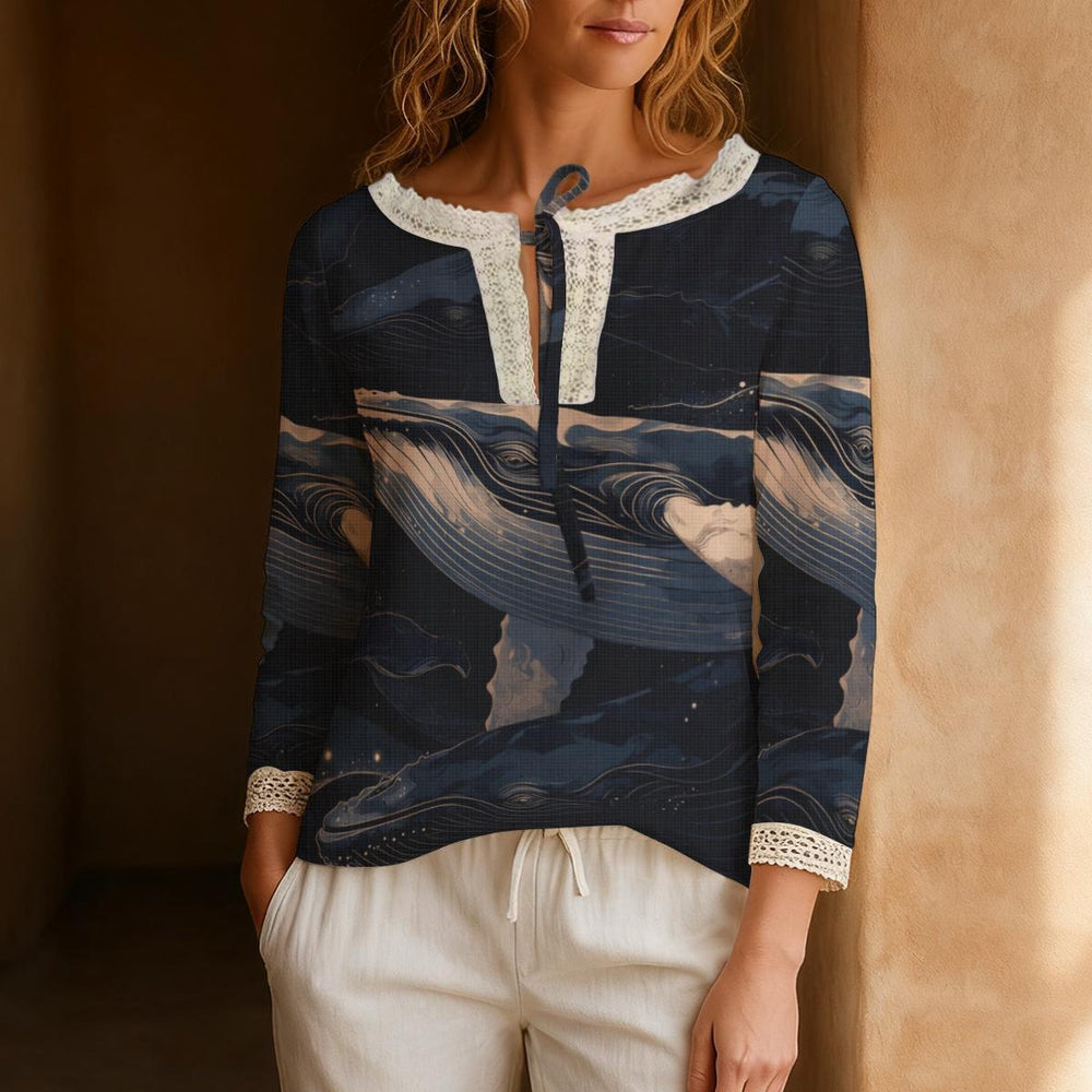 Navy Blue Abstract Blouse, Painterly Wave Print Long Sleeve Top | front view